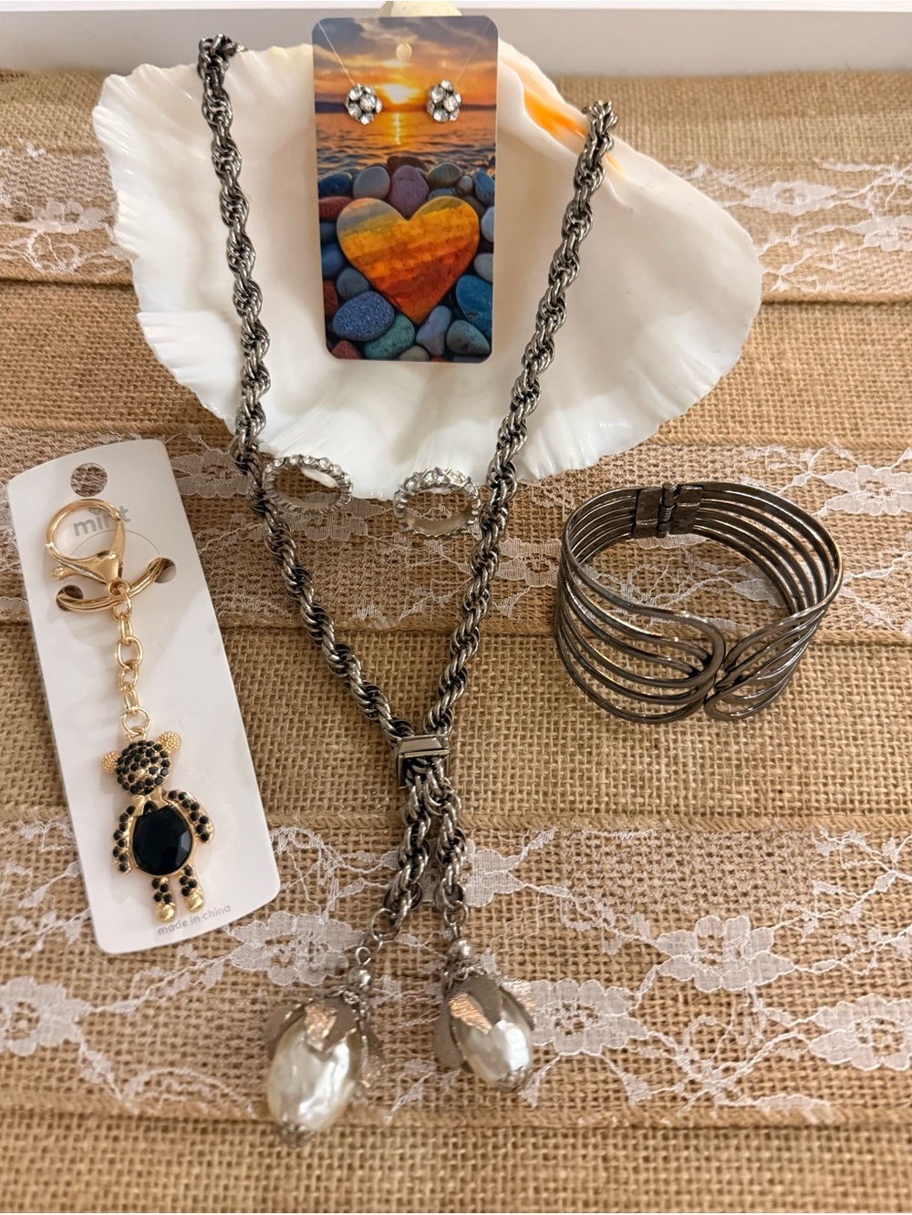 Silver-Tone Rope Chain Tassel Necklace with Crystal Drop Accents - Silver